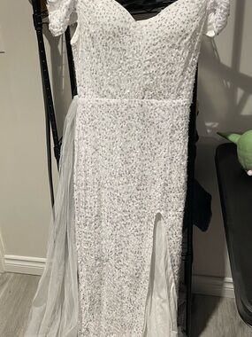 White Sequin Beaded Evening Gown with Sheer Side Train